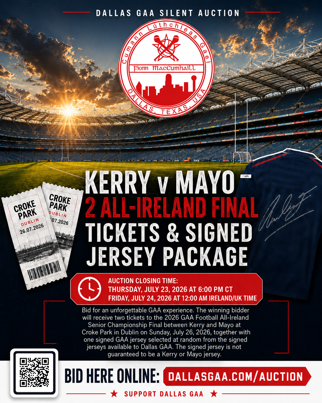 Dallas GAA silent auction for two Kerry versus Mayo All-Ireland Final tickets and a signed GAA jersey