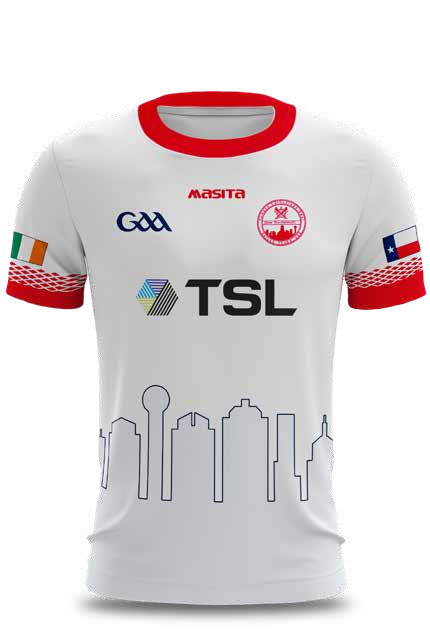 Dallas GAA white Masita home jersey with Dallas skyline